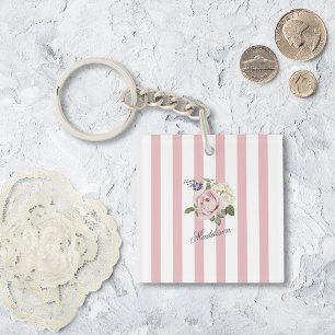 Country Chic Pink Striped Rose Bouquet Monogrammed Key Ring