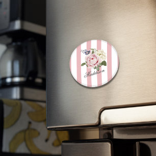 Country Chic Pink Striped Rose Bouquet Monogrammed Magnet