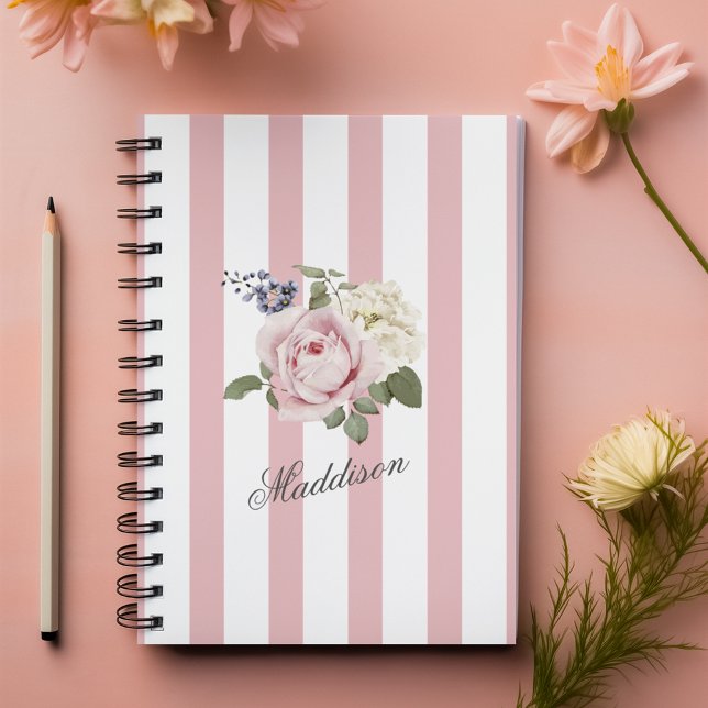 Country Chic Pink Striped Rose Bouquet Monogrammed Notebook (Creator Uploaded)