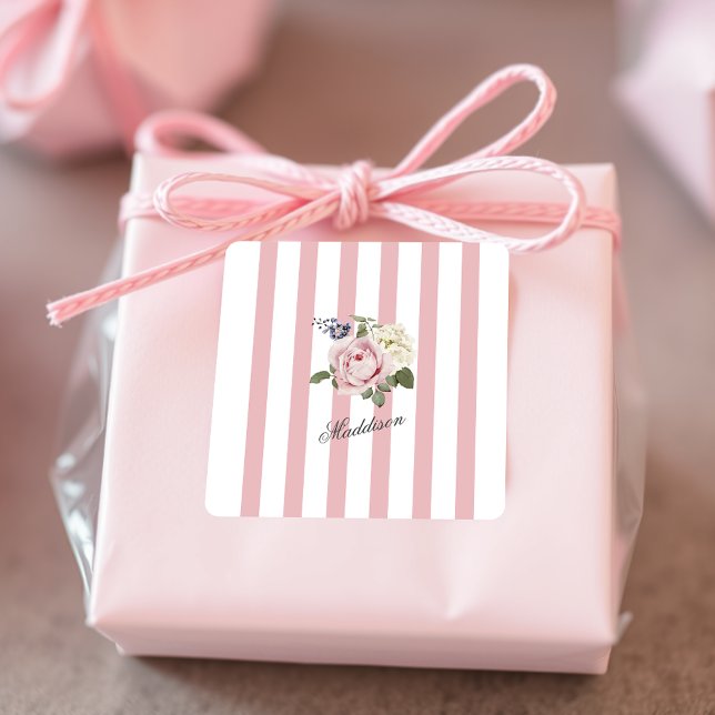 Country Chic Pink Striped Rose Bouquet Monogrammed Square Sticker (Creator Uploaded)