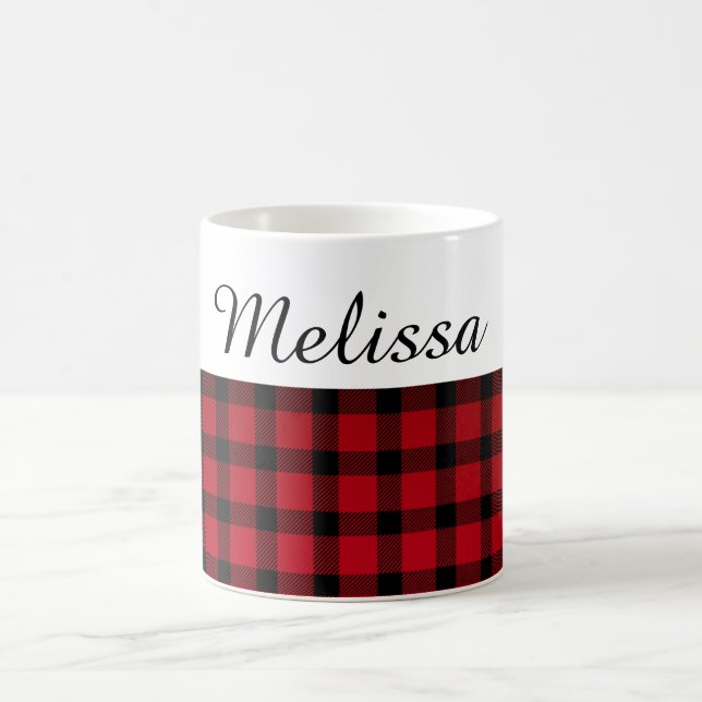 Country Chic Red Black Plaid Custom Name Coffee Mug (Center)