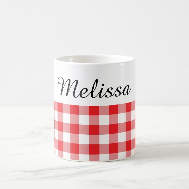 Country Chic Red Buffalo Plaid Custom Name Coffee Mug (Center)