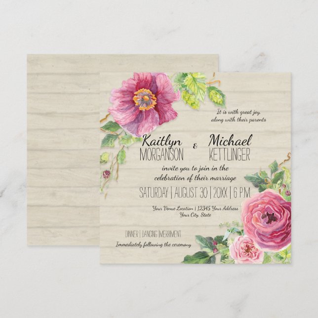 Country Chic Rustic Floral Rose Peony Wood Fence Invitation (Front/Back)