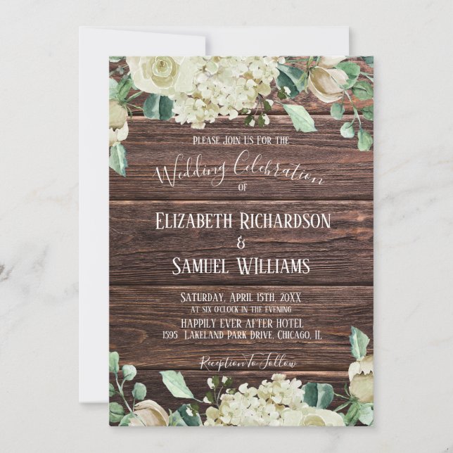 Country Chic Rustic Wood White Floral Watercolor  Invitation (Front)