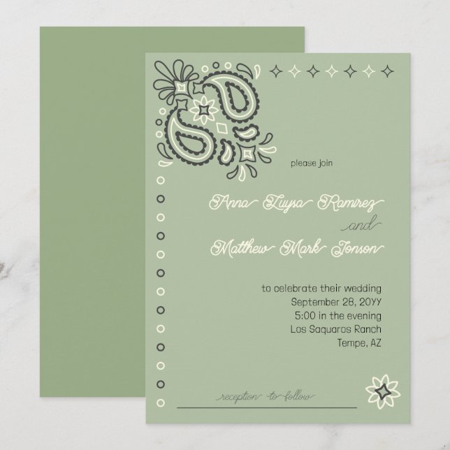 Country Chic Sage Green Modern Western Wedding  Invitation (Front/Back)