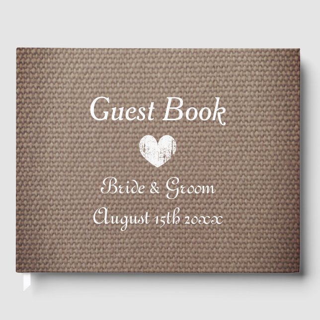 Country chic theme burlap print wedding guest book (Front)