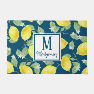 Country Chic Watercolor Lemons  & Blue Family Name Doormat