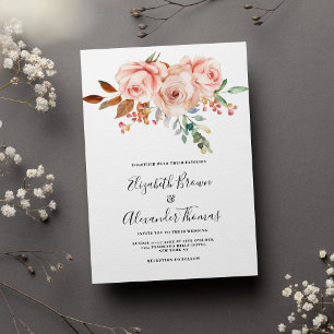 Country chic white pink coral rose floral wedding invitation