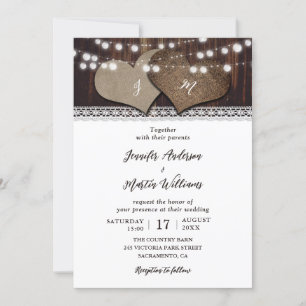 Country Chic Wood String Lights Two Hearts Wedding Invitation