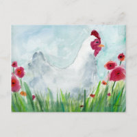 Country Chicken and Flowers Watercolor