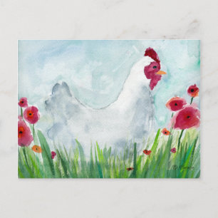 Country Chicken and Flowers Watercolor Postcard