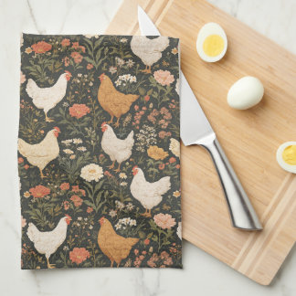 Country Chicken Floral on Black Tea Towel