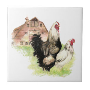 Country Chicken & Rooster Barn, Farm Scene Tile