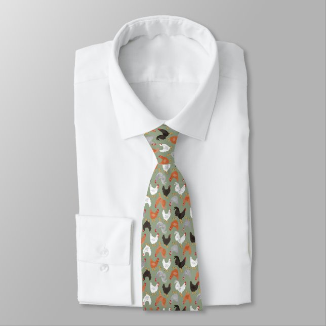 Country Chickens and Roosters on Green Tie (Tied)