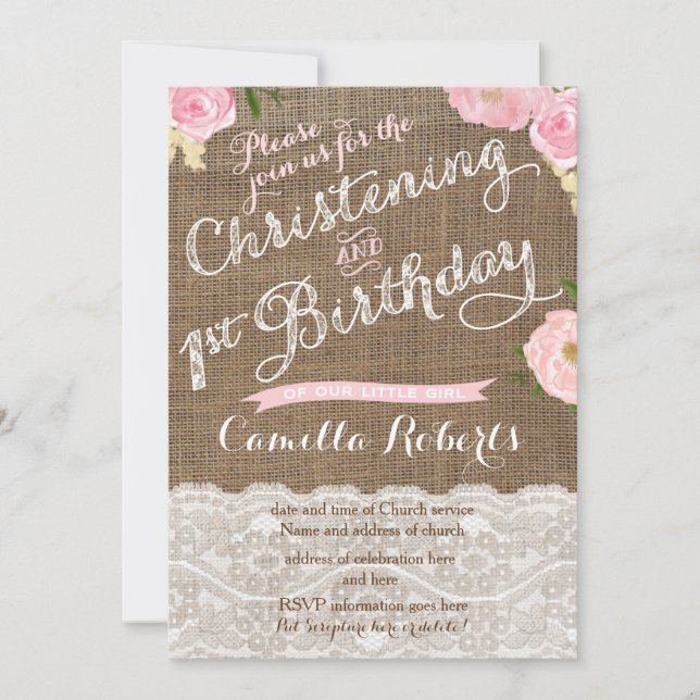 Country Christening 1st Birthday Invitations Girl (Front)
