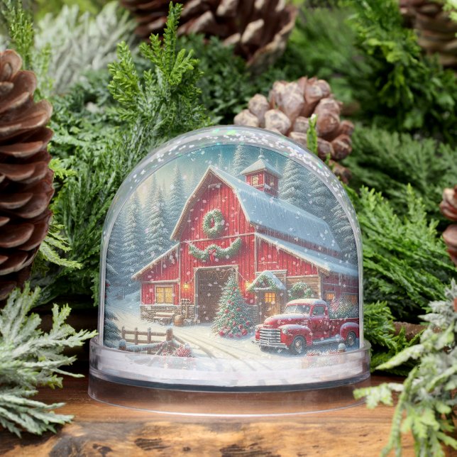 Country Christmas Barn & Vintage Red Truck Snowglobe (Winter)