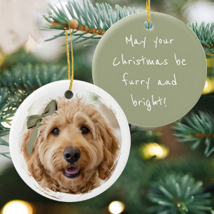 Country Christmas Custom Dog Photo Keepsake Green Ceramic Tree Decoration
