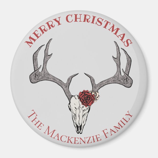 Country Christmas Deer Head Reindeer Skull Antlers Magnet (Front)