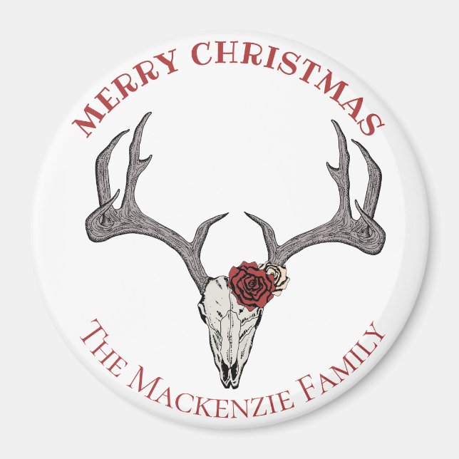 Country Christmas Deer Head Reindeer Skull Antlers Magnet (Front)