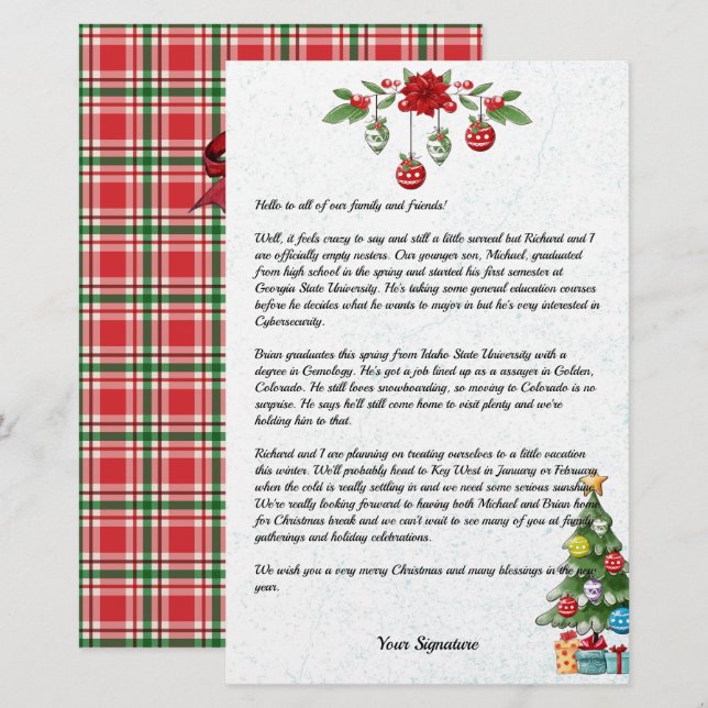 Country Christmas Family Newsletter Add Text Plaid Stationery (Front/Back)