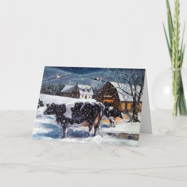 COUNTRY CHRISTMAS: Holstein COWS: SNOWY NIGHT Holiday Card (Front)