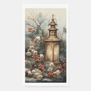 Country Christmas Lantern Pine Branches Red Berriy Napkin