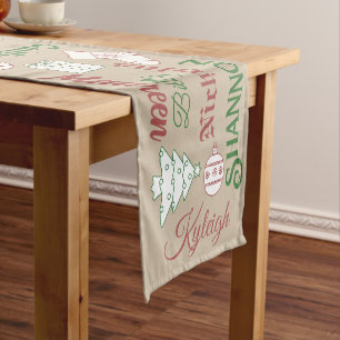 Country Christmas Names and White Ornaments Short Table Runner
