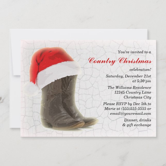 Country Christmas Party Invite Cowboy Boots (Front)