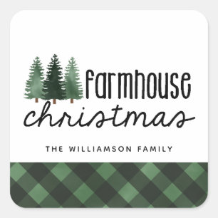 Country Christmas Plaid Family Name Square Sticker
