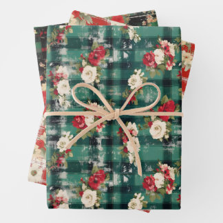 Country Christmas Plaid Florals Distressed Wrapping Paper Sheet