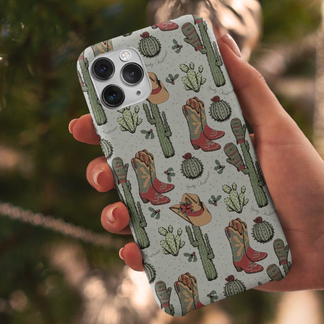 Country Christmas Red and Green Case-Mate iPhone Case ("Howdy Christmas" Country Christmas Cowgirl Boots, Hats, Mittens & Cactus. Hand-Drawn in Black Ink.)