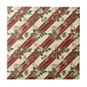 Country Christmas Red Berry Floral Green Stripe Tile