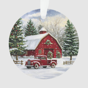 Country Christmas Red Truck and Barn Ornament