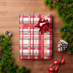 Country Christmas red white beige tattersall plaid Wrapping Paper