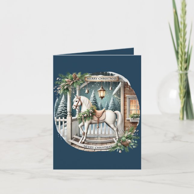 Country Christmas rocking horse add message Holiday Card (Front)