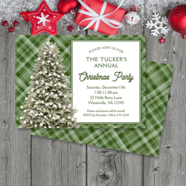 Country Christmas Tree Green Plaid Christmas Party Invitation (Creator Uploaded)