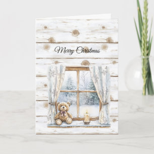 Country Christmas Trees Snow Teddy Bear Window Card