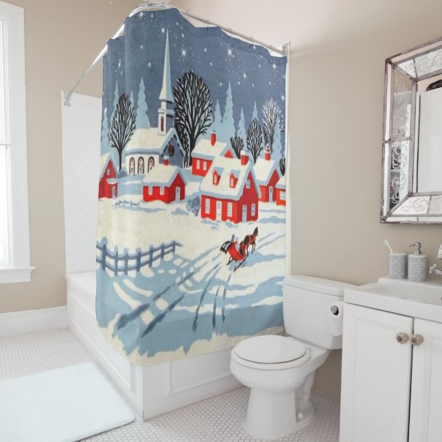 Country Christmas Victorian Village Horse Carriage Shower Curtain (In Situ)