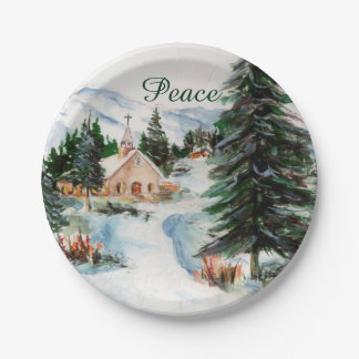 Country Church in Winter Watercolor Mountain Scene Paper Plate