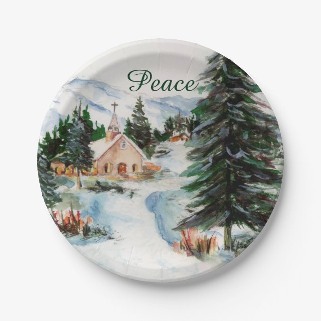 Country Church in Winter Watercolor Mountain Scene Paper Plate (Front)