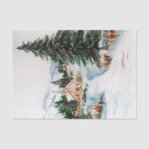 Country Church in Winter Watercolor Mountain Scene Tissue Paper