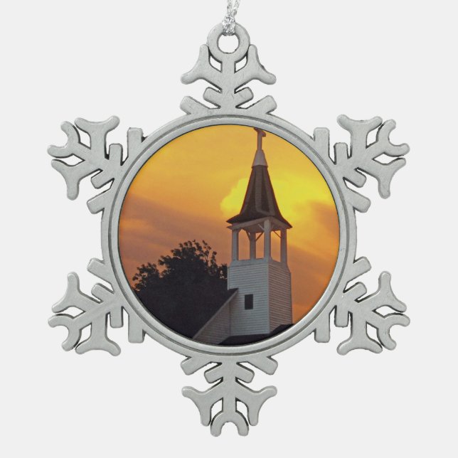 Country Church Snowflake Pewter Christmas Ornament (Front)