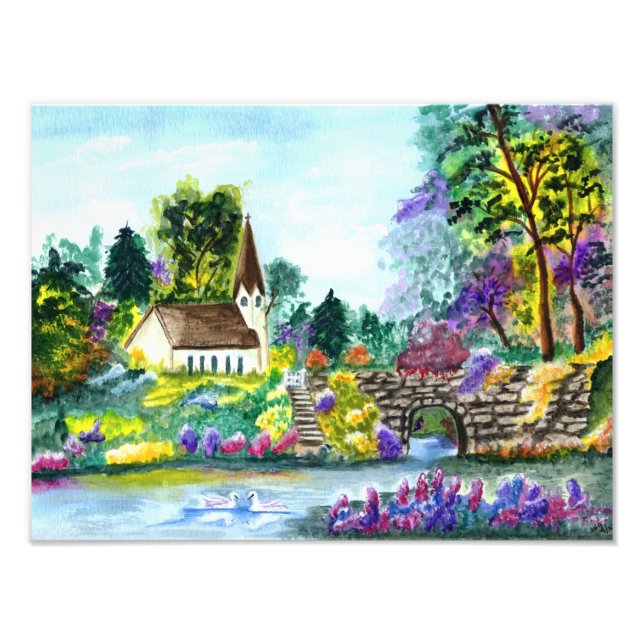 Country Church Watercolor Painting Photo Print (Front)