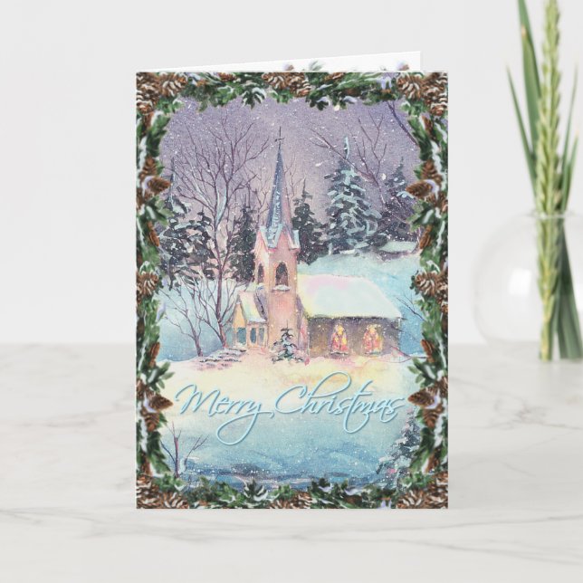 COUNTRY CHURCH & WREATH by SHARON SHARPE Holiday Card (Front)