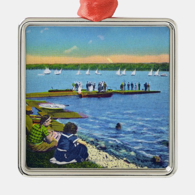 Country Club View of Sailboat Regatta # 2 Metal Tree Decoration (Front)
