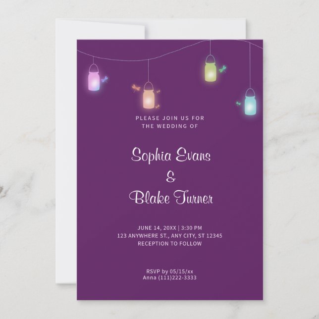 Country Coloured Hanging Mason Jars Purple Wedding Invitation (Front)