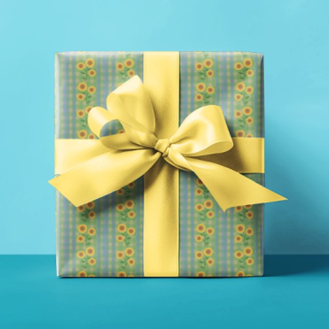 Country Cottage Blue Green Yellow Sunflowers Wrapping Paper (Happy sunflowers all occasion gift wrap)