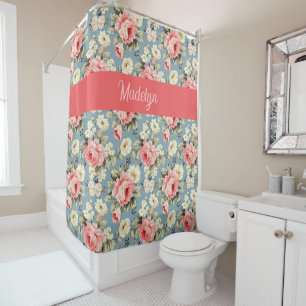 Country Cottage Floral Coral Red Monogram Name Shower Curtain