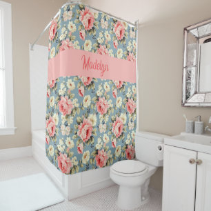 Country Cottage Floral Pink Blush Monogram Name Shower Curtain