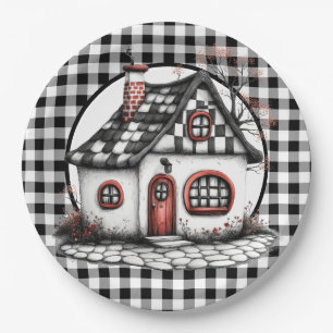 Country Cottage In Black And White  Paper Plate
